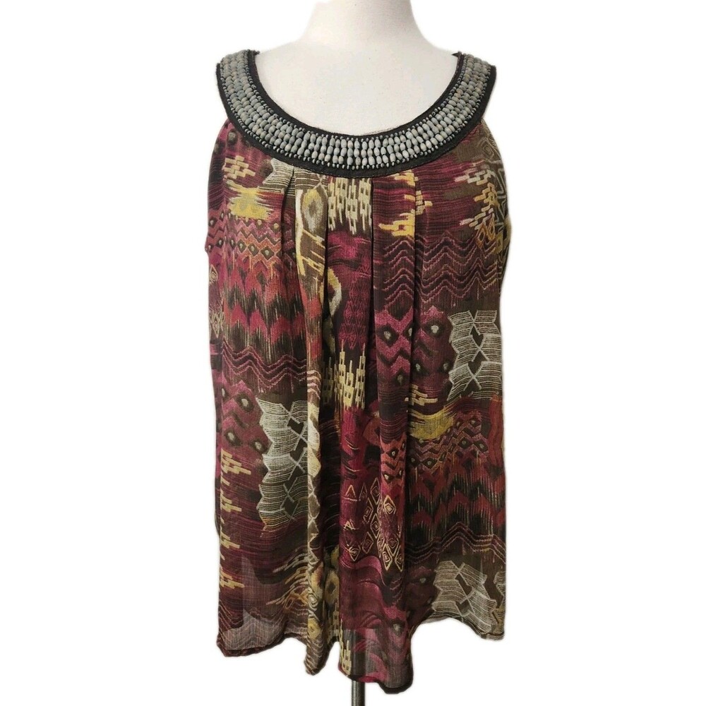 ZAC & RACHEL Tank Top Womens  XL Paisley Sleeveless Brown Beaded Chiffon  Lined